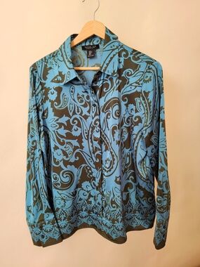 Rachel Zoe Olive and Teal Printed Button-Up Silky Blouse